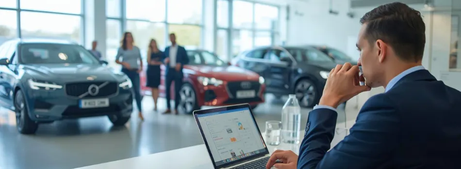 A modern car showroom with customers looking at cars while a business owner checks online rankings on a laptop, symbolizing SEO and Google search visibility